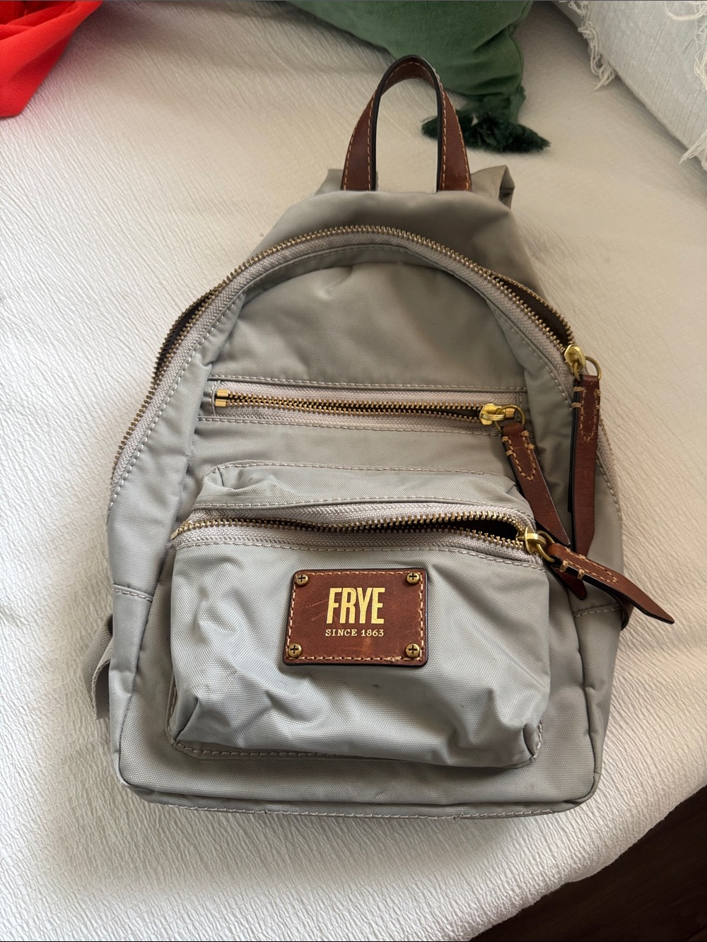Frye Light Gray Mini Backpack with Brown Leather Trim
